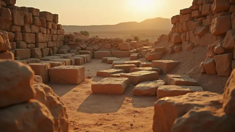 Blocs de pierre taillés et murs effondrés d'un site antique dans la lumière du soir