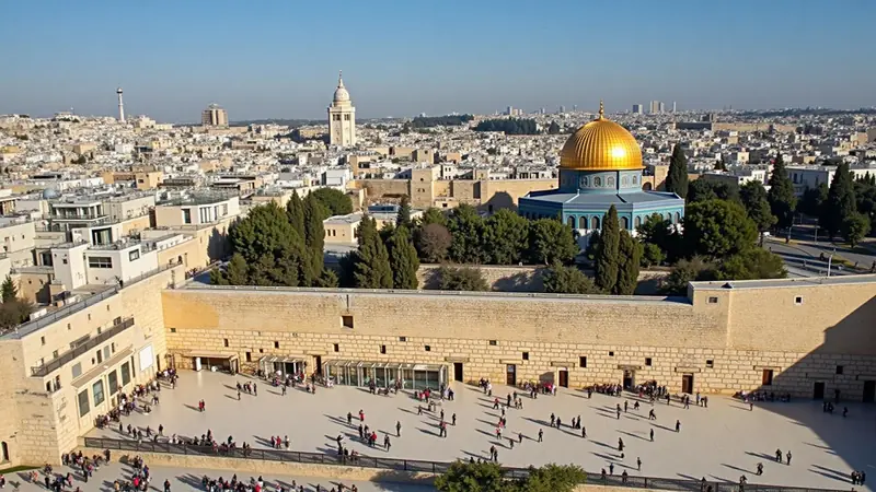 Vue plongeante sur l'esplanade du Mur occidental, dominée par le dôme doré du mont du Temple, à Jérusalem