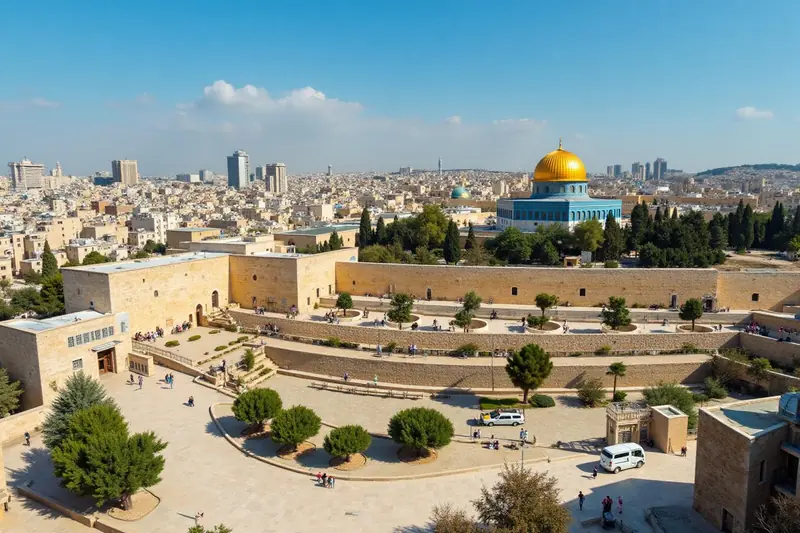 Vue plongeante sur l'esplanade du Mur occidental et le Dôme du Rocher, au sommet du Mont du Temple à Jérusalem