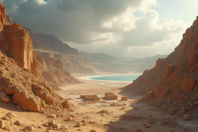 Vallée désertique aux falaises ocre descendant vers les eaux turquoise de la mer Morte, avec des ruines antiques au premier plan